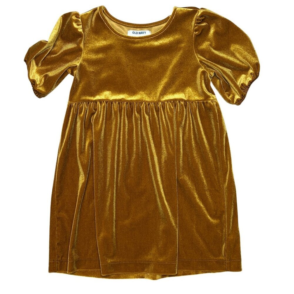 Old Navy Girls Mustard Gold Velvet Dress Size Small 6-7 Puff Sleeve Fall Holiday